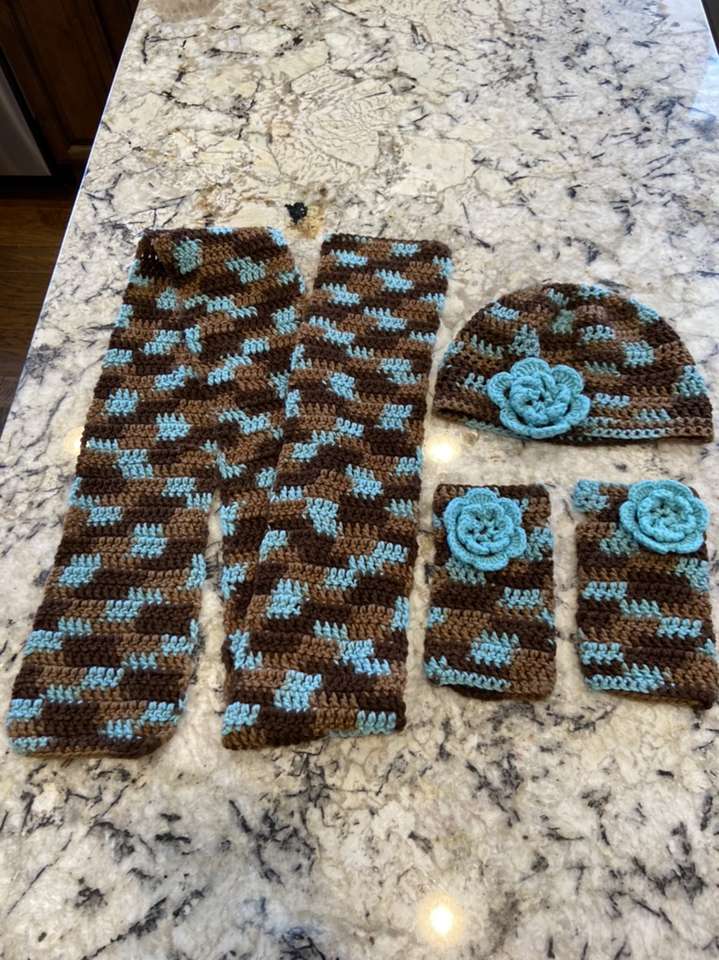 Blue And Brown Crochet Scarf And Hat And Gloves