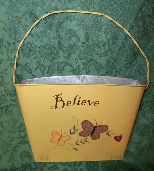 Really Pretty Yellow Metal Decorative Hanging Wall Pocket - With The Word -- Believe