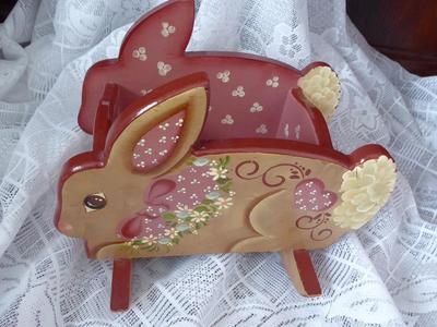Wooden Tole Paint Easter Bunny Rabbit Candy / Treat Dish For Fun Easter Or Year Round Decor