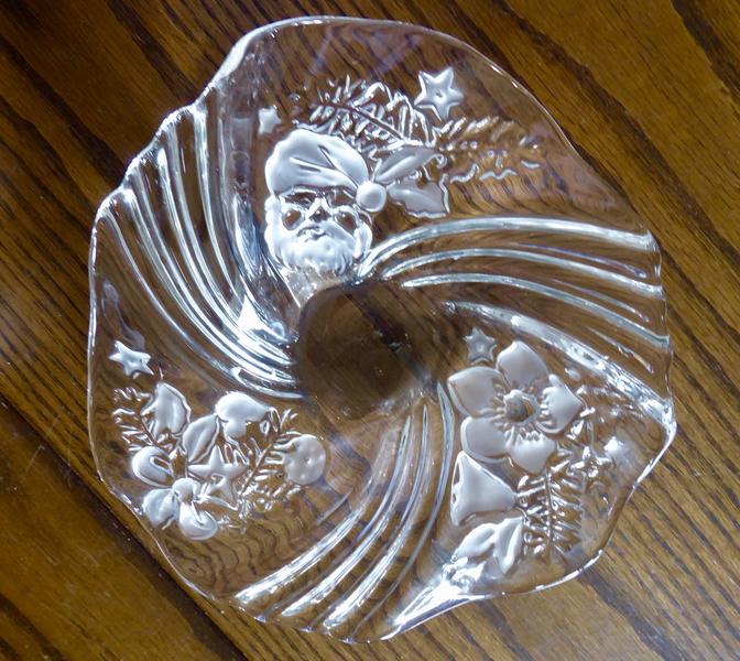 Embossed Crystal Glass Christmas Relish - Candy - Nut Dish- With Embossed Type Frosted Santa Claus And Floral Designs