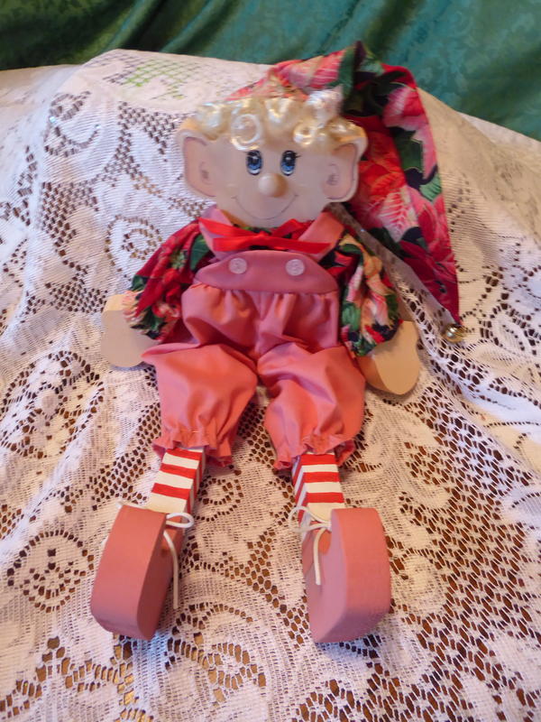 Very Sweet Hand-Made Wooden Christmas OR Valentines Pixie Elf Doll W/ Darling Fabric Clothes For Fun Decor