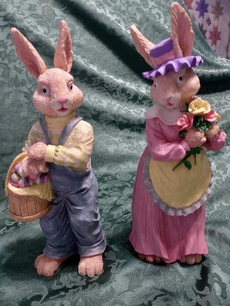 Set Of Two Heavy Solid Pottery Easter Bunny Rabbits For Fun Decor- 9 3/4 Inches Tall