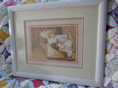 Two Little Girls Praying Vintage Art Print With A Pretty White Wooden Frame