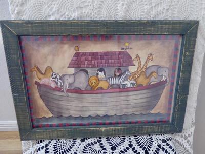 Vintage Wooden Framed Noahs Ark With Assorted Animals Art Print Wall Decor