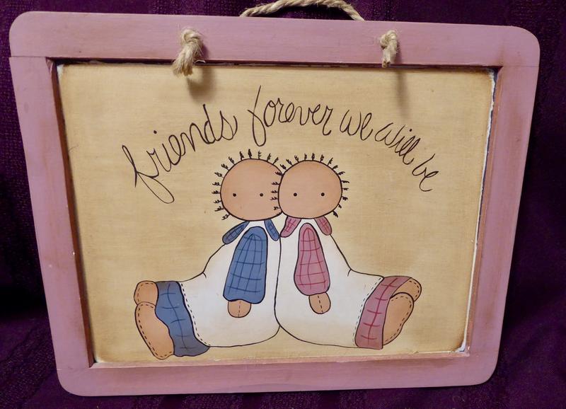 Primitive looking Folk Art Wall Painting For Friends With Raggedy Ann Type Looking Painted Dolls