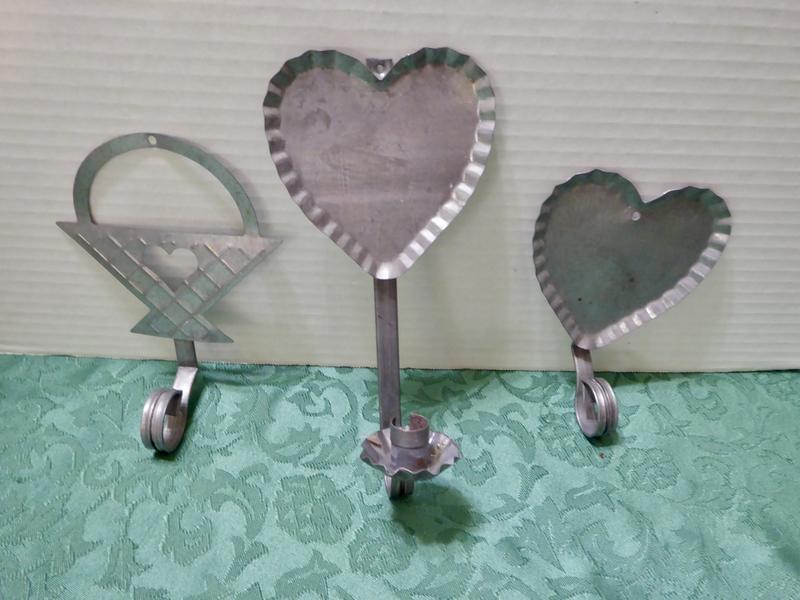 Three Antique Looking Vintage Rustic Tin Wall Candle Or Jewelry Hangers Decor Heart Shaped