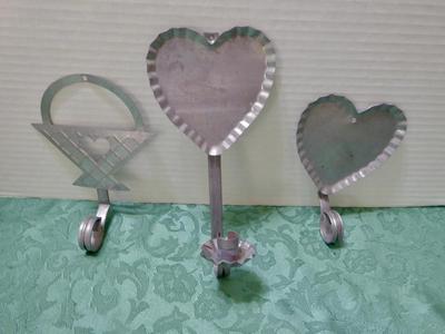 Three Antique Looking Vintage Rustic Tin Wall Candle Or Jewelry Hangers Decor Heart Shaped