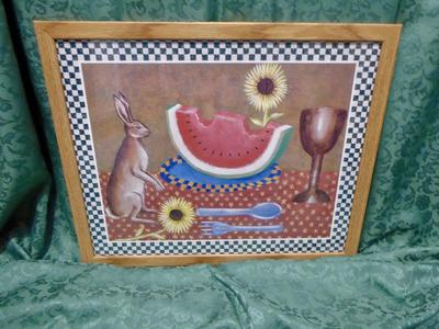 Fun Vintage Country Themed Americana Decor Wooden Framed Art Print With A Watermelon, Rabbit And Sunflowers.