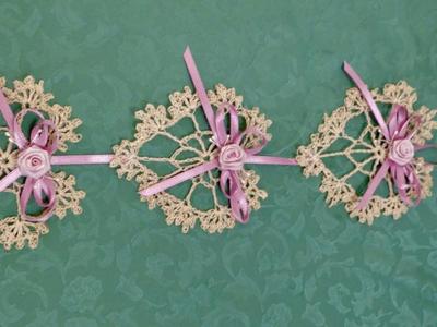3 Hearts And Ribbons Cream Crochet Wall Hanging With Floral Rosettes- Fun Valentines Gift Or Decor