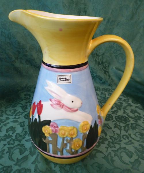 Hand Painted Ceramic Pitcher / Vase With A Rabbit / Flowers For Use OR Fun Easter Decor