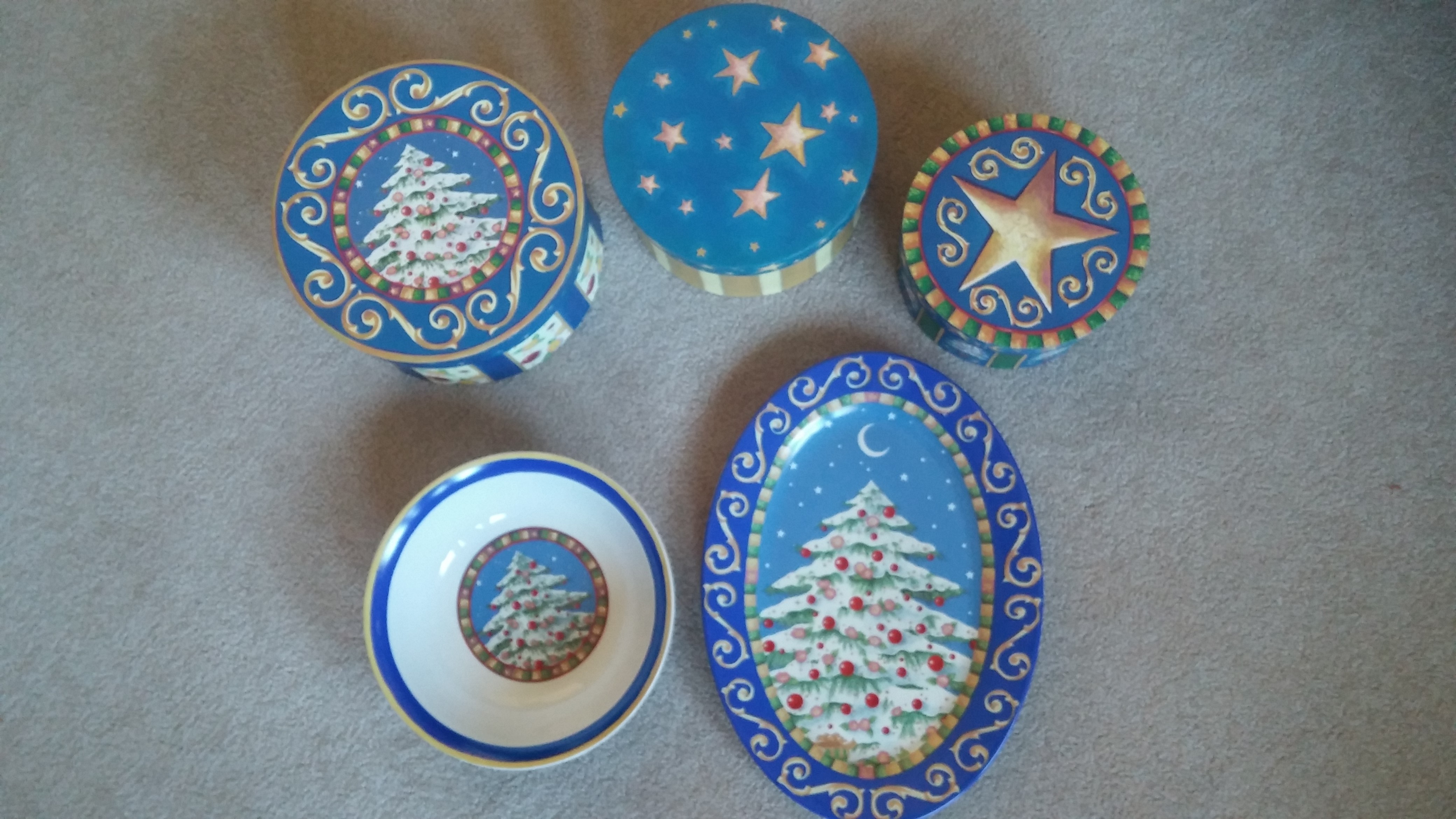 Christmas Platter, Bowl, Cup, and 3 Decorative Boxes