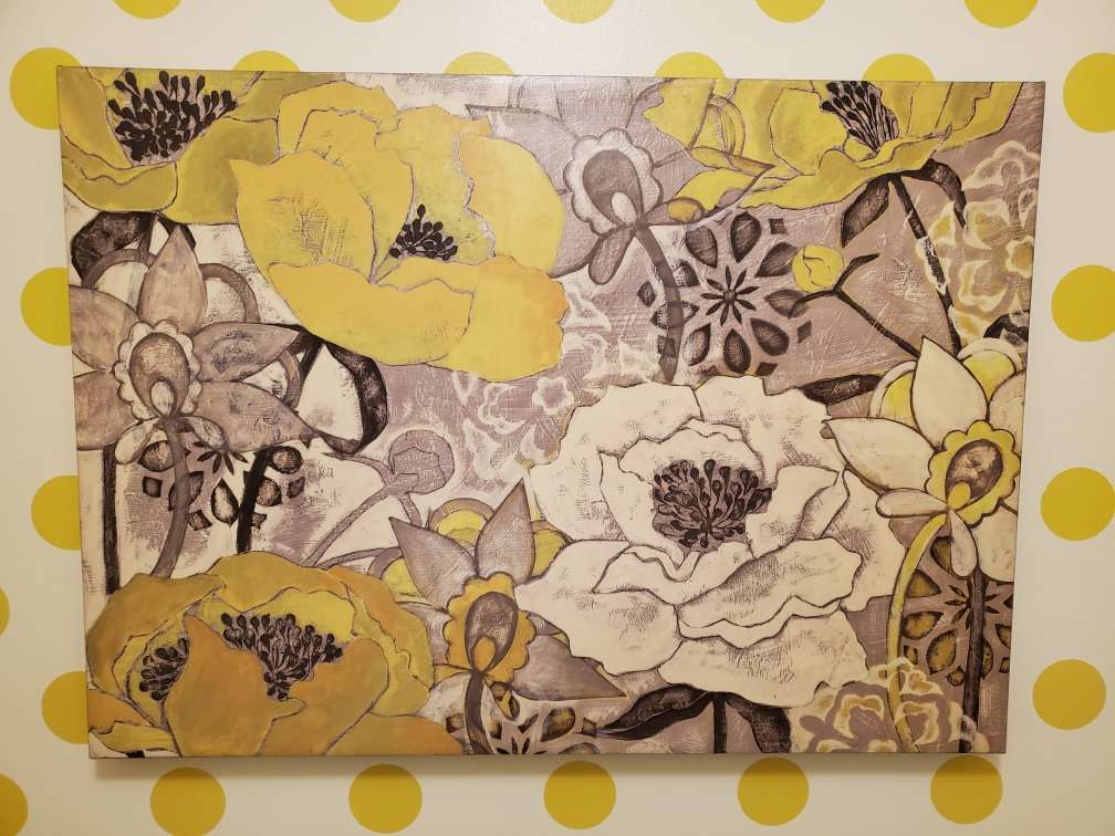 Large Grey and Yellow Floral Painting Artwork