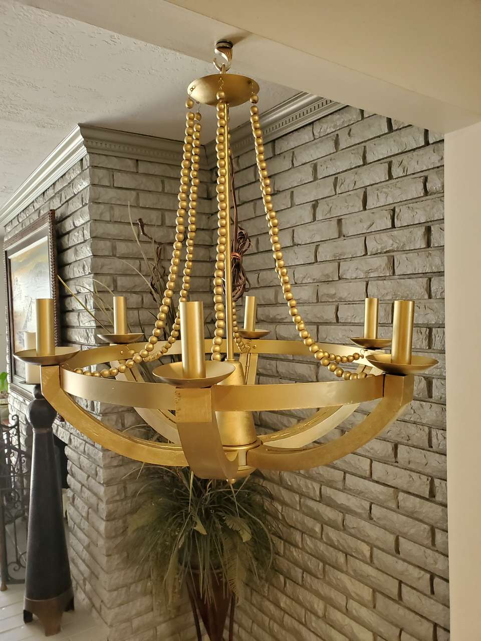 NEW BRUSHED GOLD WOODEN BEADED CHANDELIER (RETAILS: $582)