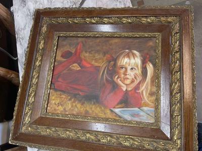 Beautiful Oil On Canvas child By Fireplace