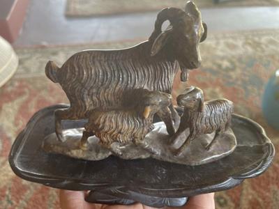 Goat Family Hand Carved From Stone, Wood Base