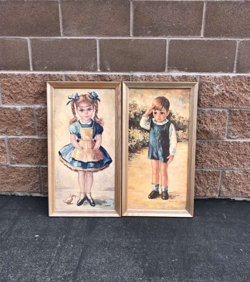 Mid Century Medeiros Big Eye Boy Girl Print 18x33