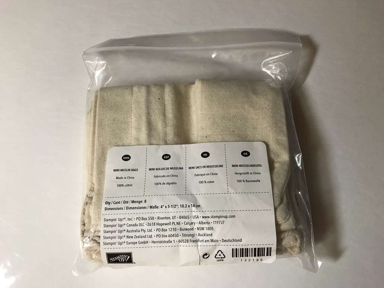 Stampin Up Mini Muslin Bags Qty 8, 4in x 5 1/2in, New