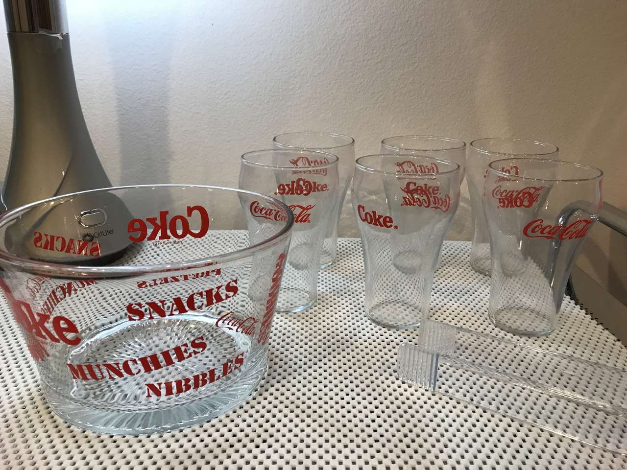 Coke/Coca Cola 8 piece Set -Snack/Ice Bowl. 6 Glasses and Tongs Brand New, Vintage or