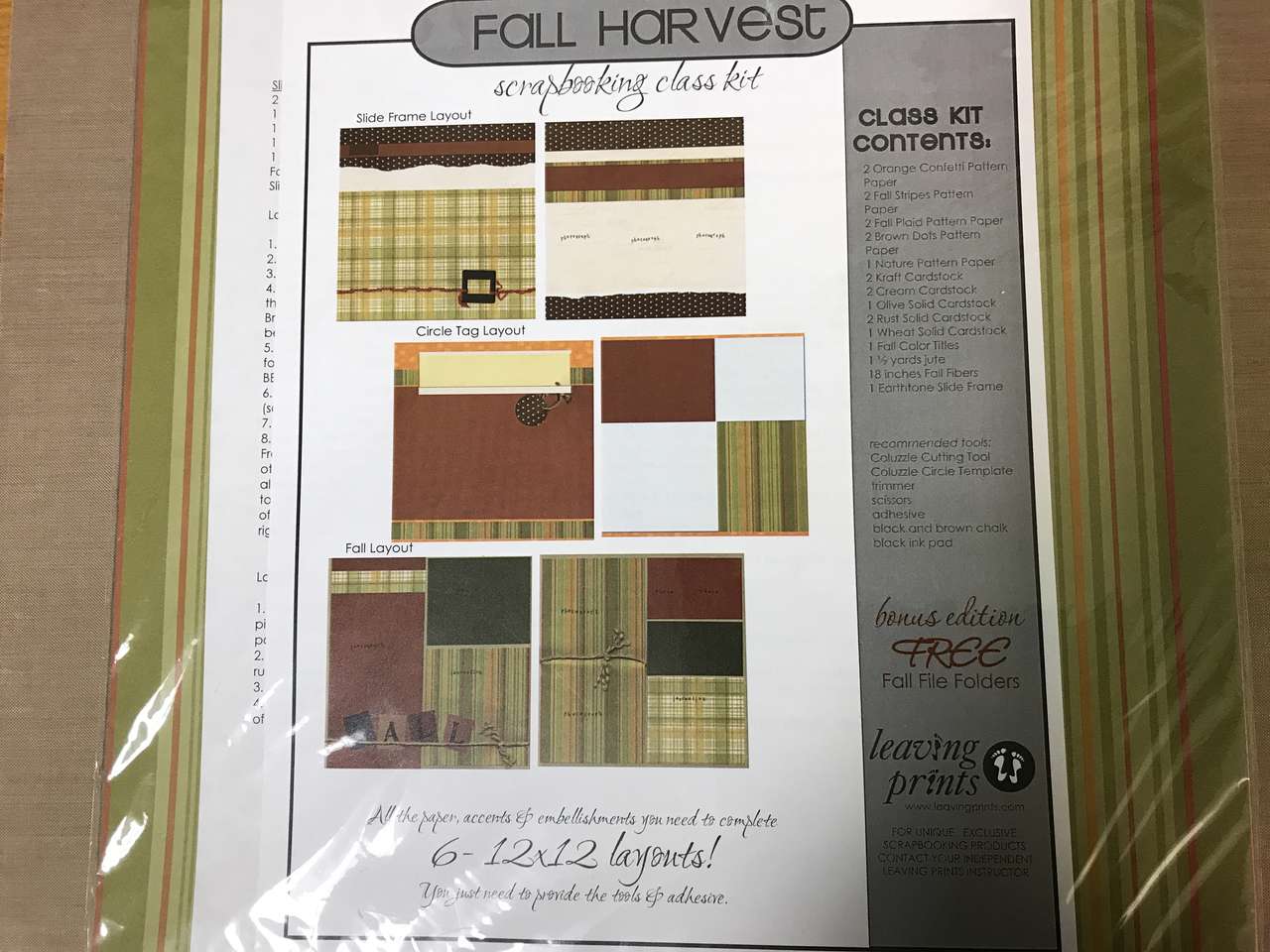 PICK 1 or more Fall Harvest Scrapbooking Class Kit, 6 - 12x12 Layouts or Fall Time, New