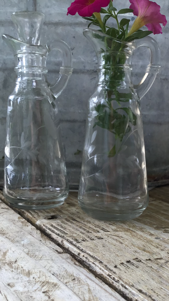 Vintage Etched Glass Oil/Vinegar Decanters