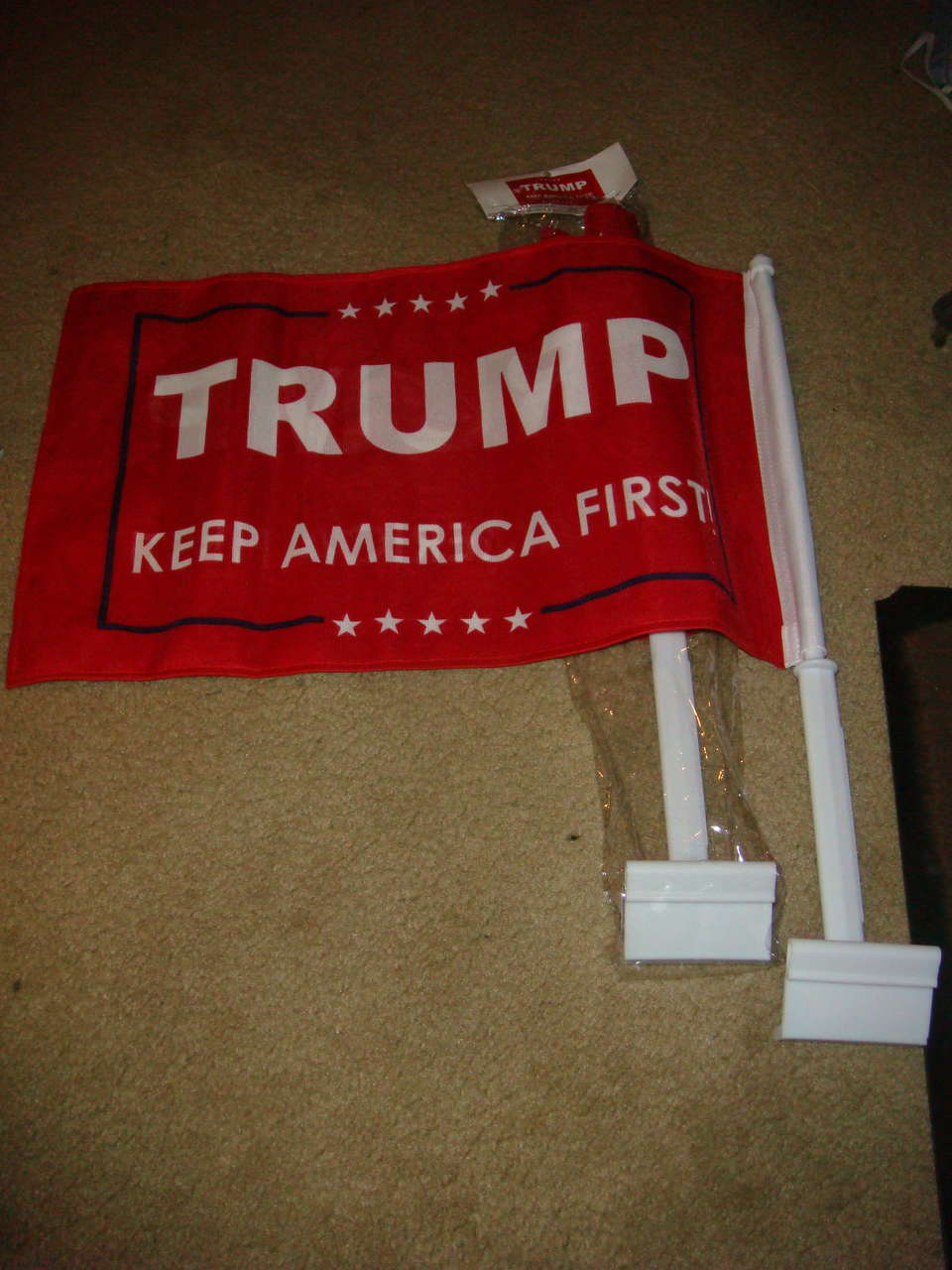 TRUMP FLAG KEEP AMERICA FIRST CAR WINDOW FLAG RATED AT 80MPH DOUBLE SIDED