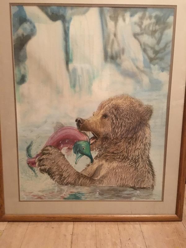 Original Watercolor Bear Catching Salmon