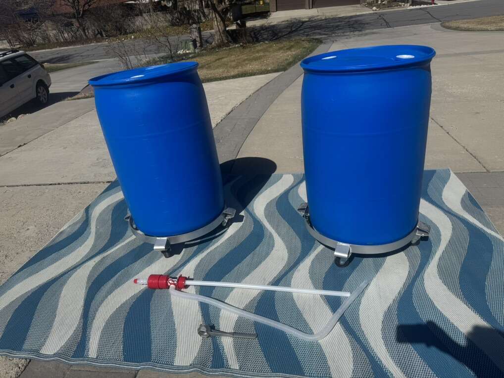 Like New! 2x 55 Gallon Water Drums with Extras