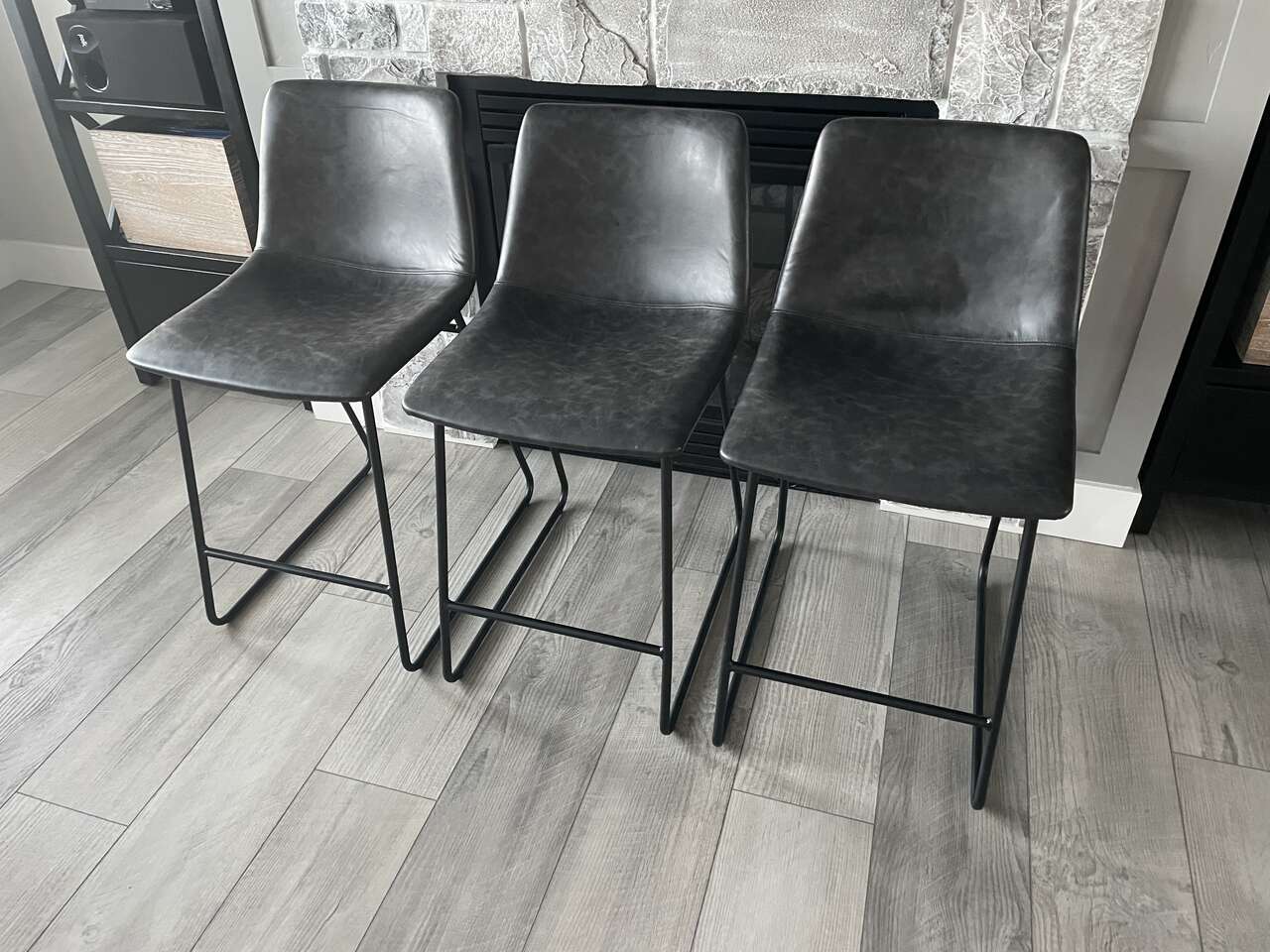 Set of 3 Dark Gray Faux Leather Barstools