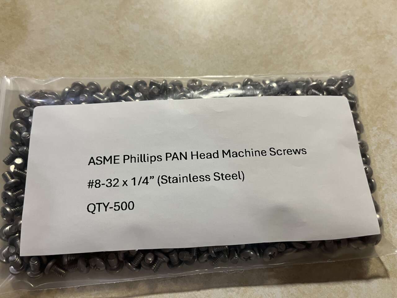 Machine Screws #8-32 x 1/4" ASME Phillips Pan Head (Stainless Steel) QTY-500)