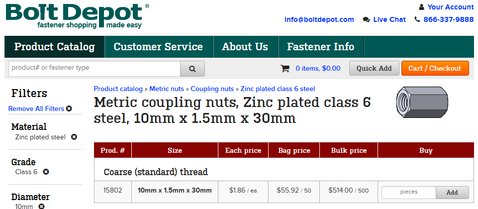 Hex Coupling Nuts (50pack) - Metric 10mm x 1.5mm x 30mm, Zinc Plated, Class 6 Steel