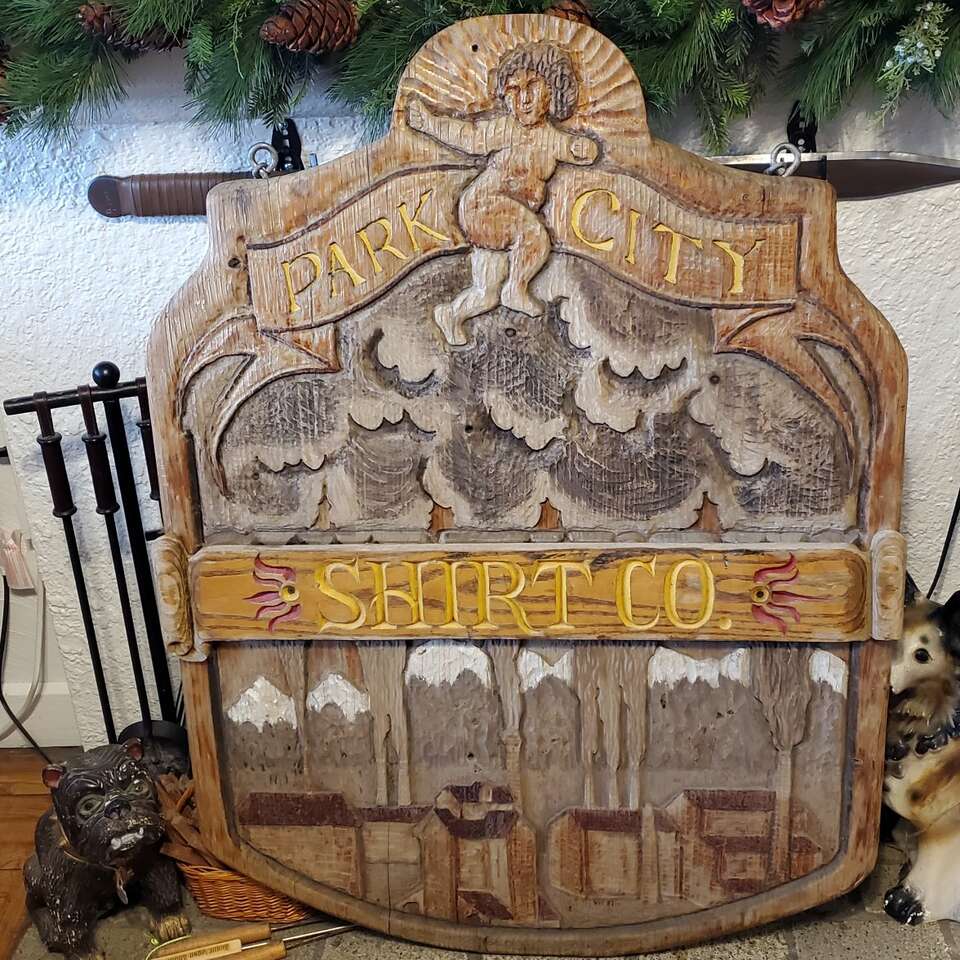 Vintage Park City UT Carved Wood Shirt Works Sign