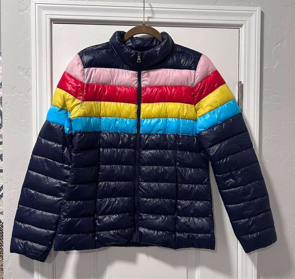 AQUA Navy Packable Rainbow-Stripe Puffer Coat, womens size Medium $30 cash/venmo in Draper
