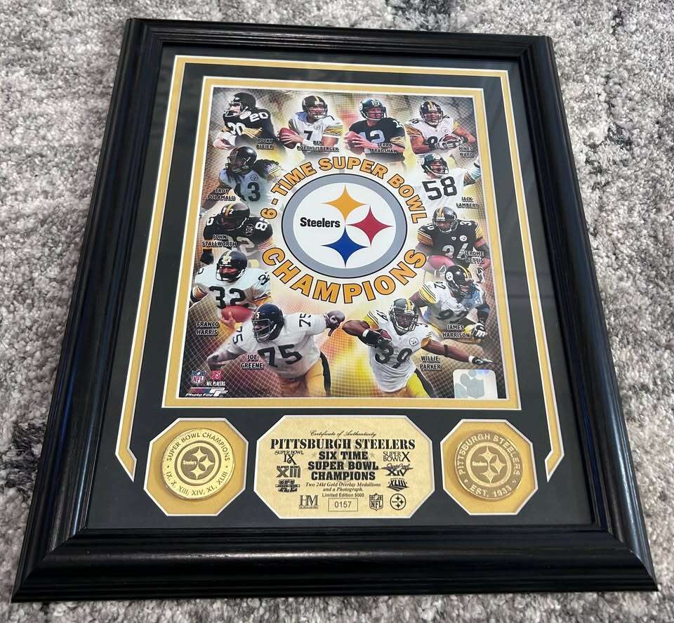 Pittsburgh Steelers 6 time Super Bowl Champions Wall Plaque and two 24K gold overlay medallions $250 cash/venmo in Draper