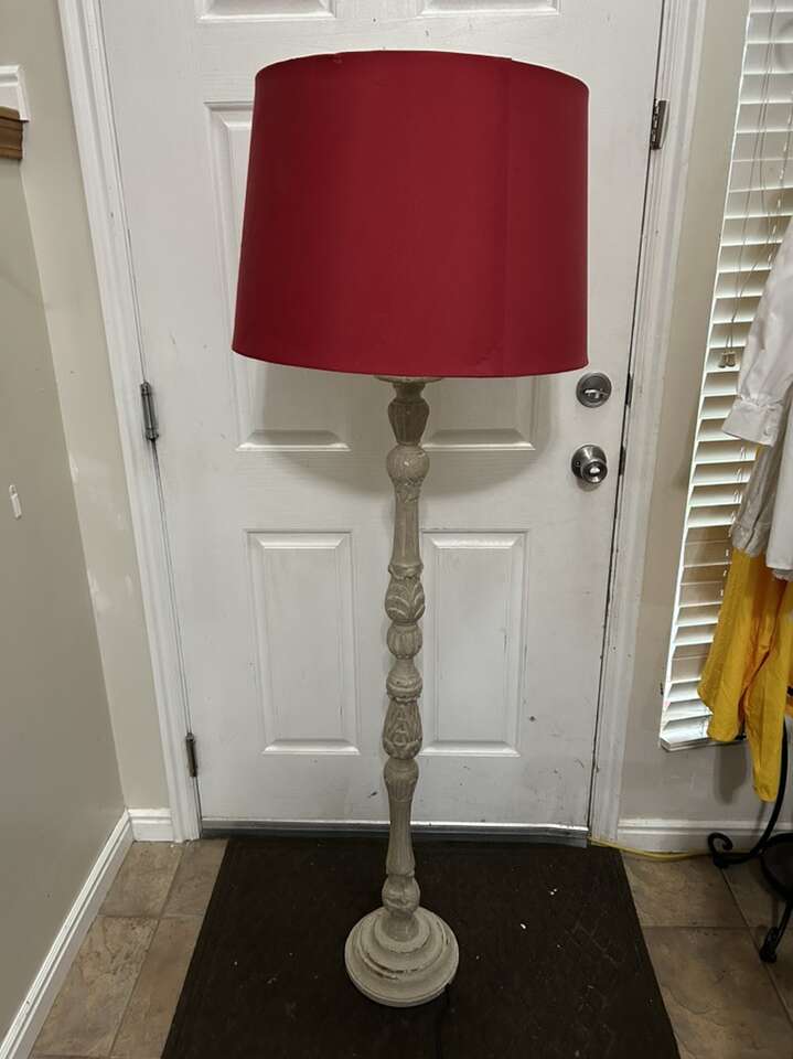 Tall White Wood Decorative Lamp With Red Shade