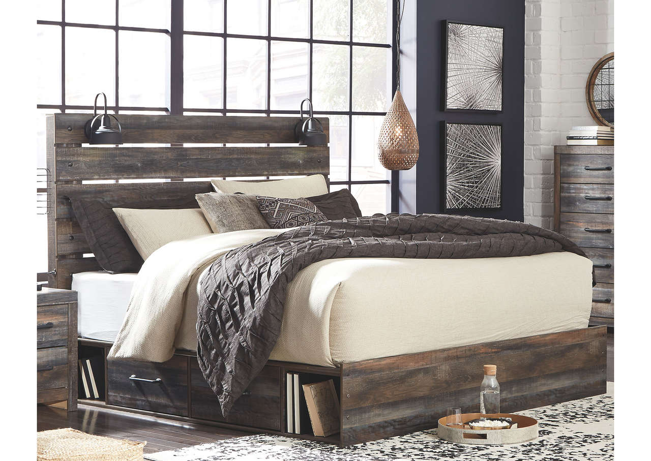 Drystan King Panel Bed w/ 2 Storage Rail Drawers - Single Item - Bedroom Furniture - Action Home Furniture
