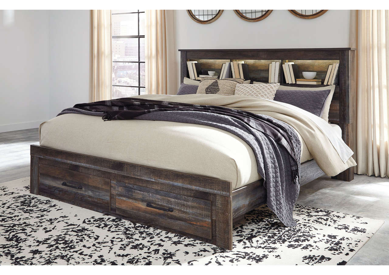 Drystan King Bookcase Bed w/ 2 Storage Footboard Drawers - Single Item - Bedroom Furniture - Action Home Furniture