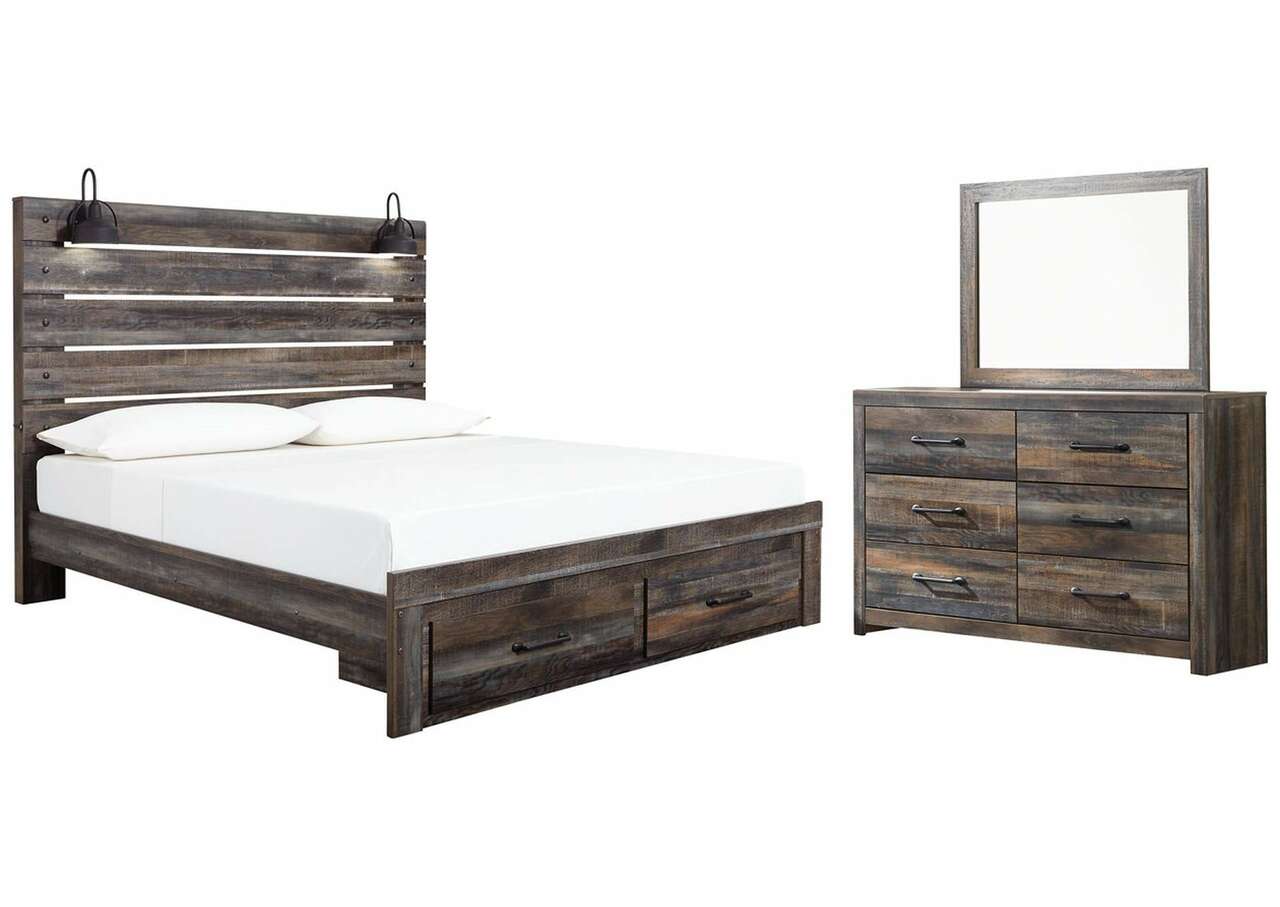 Drystan King Panel Bed w/ Storage Footboard and Dresser/Mirror - Bedroom Furniture - Action Home Furniture