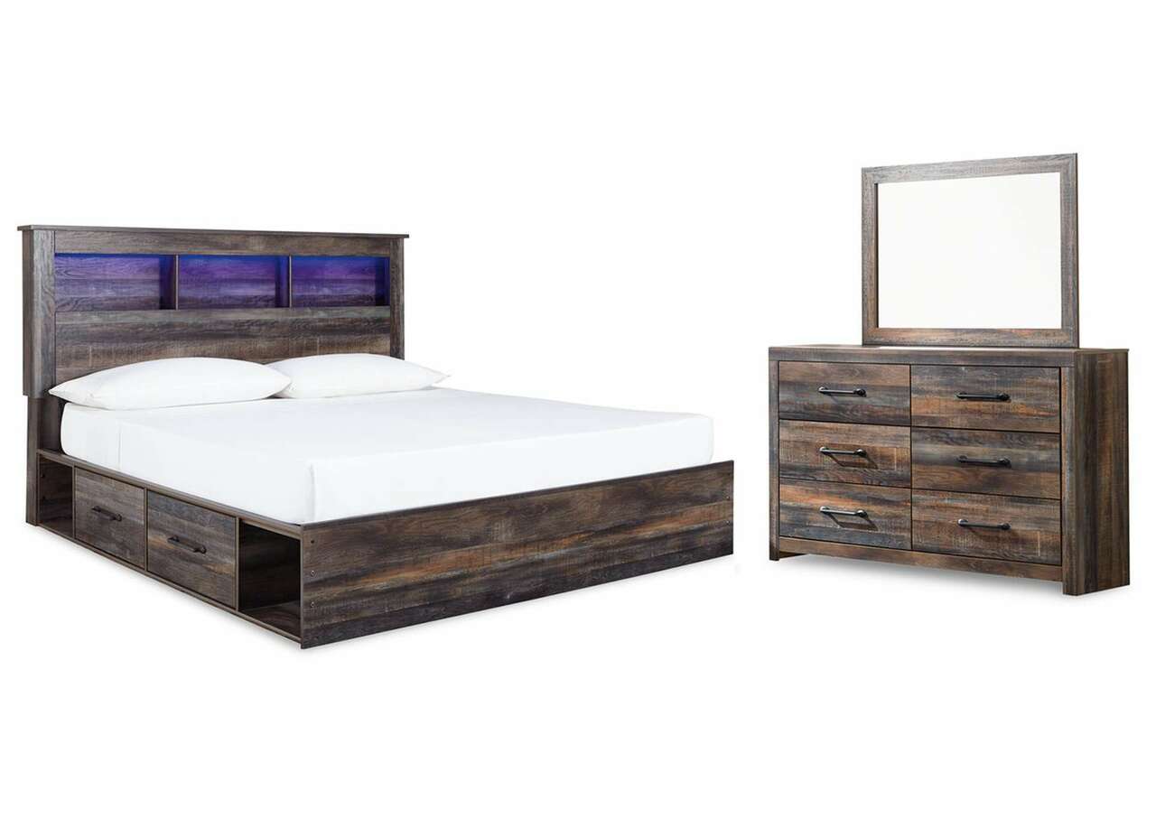 Drystan King Bookcase Bed w/ 4 Storage Rail Drawers and Dresser/Mirror - Bedroom Furniture - Action Home Furniture