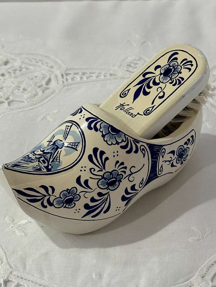 Blue Delft Wooden Dutch Shoe w/ Shoe Brush ~  Hand Carved & Hand Painted From Holland
