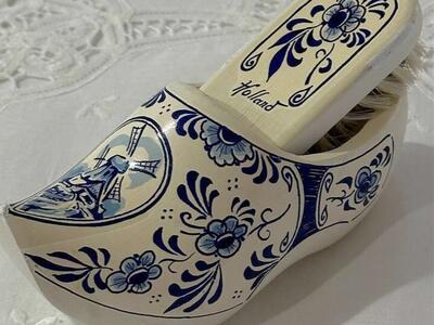Blue Delft Wooden Dutch Shoe w/ Shoe Brush ~ Hand Carved & Hand Painted From Holland