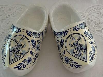 Blue Delft Wooden Dutch Shoes ~ (Hand Carved & Hand Painted From Holland)