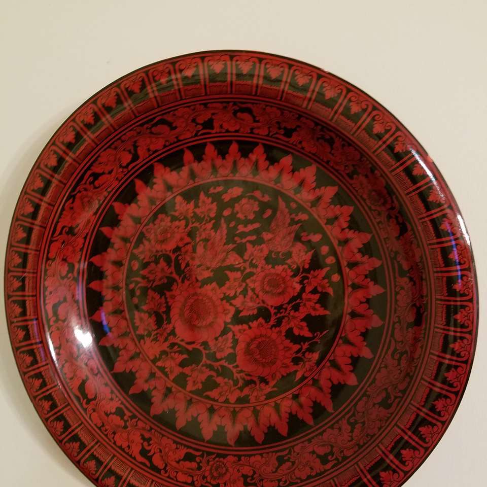 Red and Black Floral Lacquerware Wooden Plate, Beautiful Work of Art