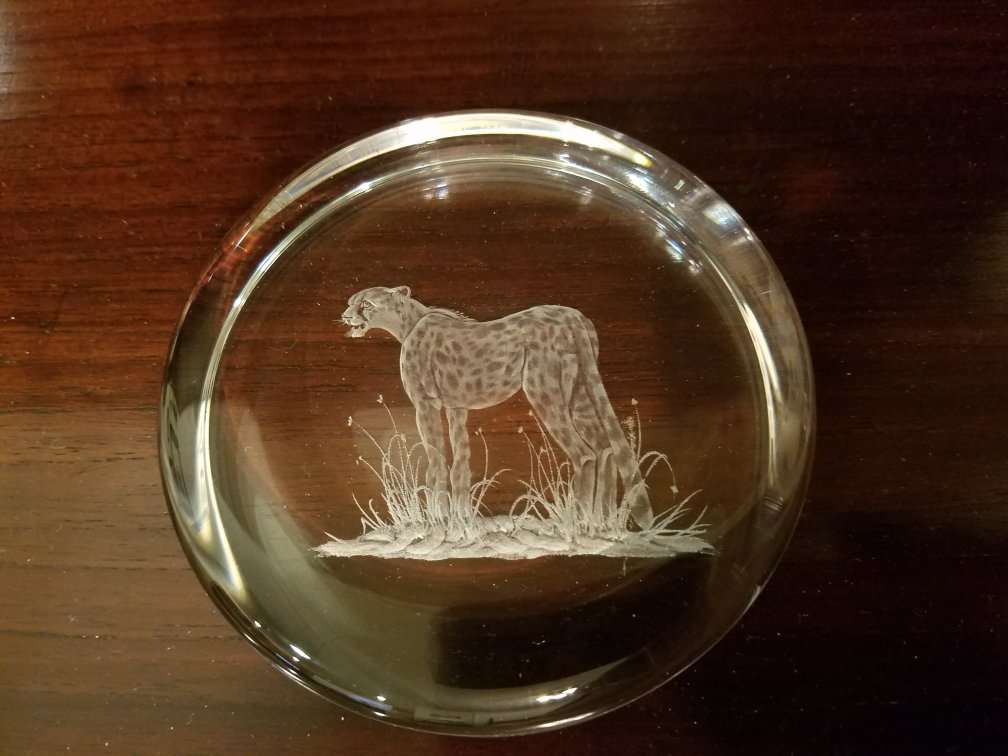 Heavy Glass Paperweight with Cheetah in Center, Beautiful on a Desk or Table