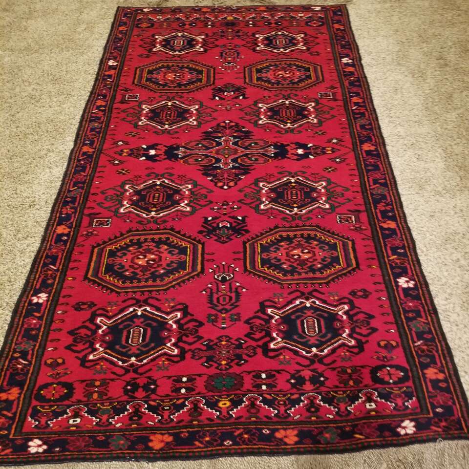 Large Hand Woven Red Wool Medallion Carpet with Fringe