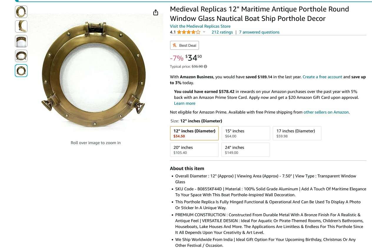 Nautical Maritime Porthole 12" Antuiqe Brass With Glass