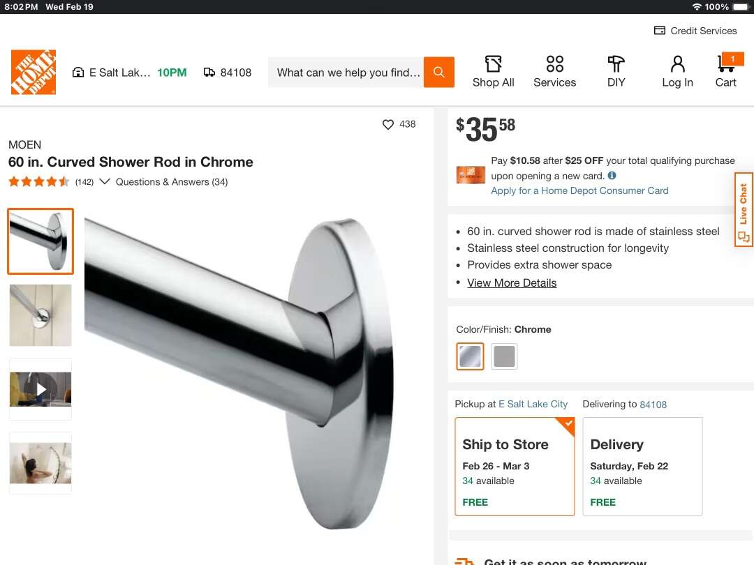 Moen 5' Curved Shower Rod Chrome