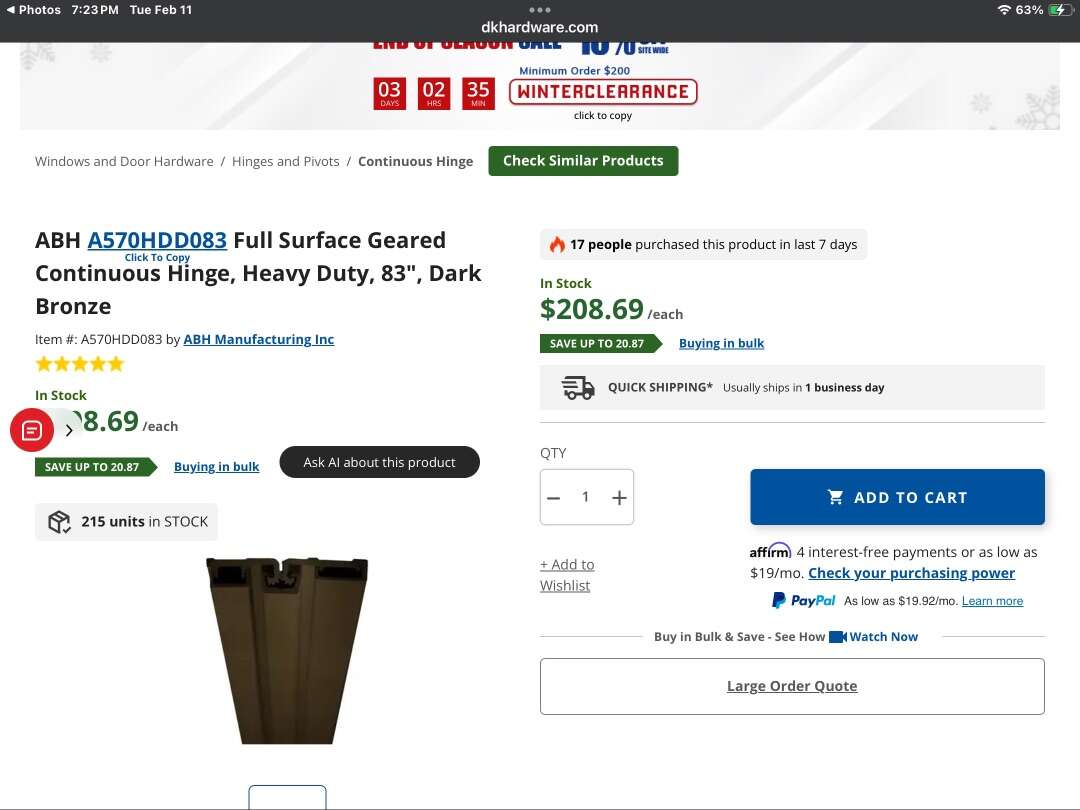 2-BHMA Grade 1 Continues Hinges Dark Bronze