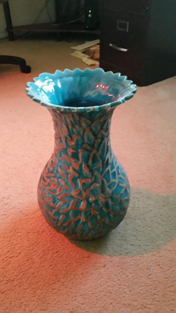 2000s Turquoise Carved Glazed Ceramic Vase