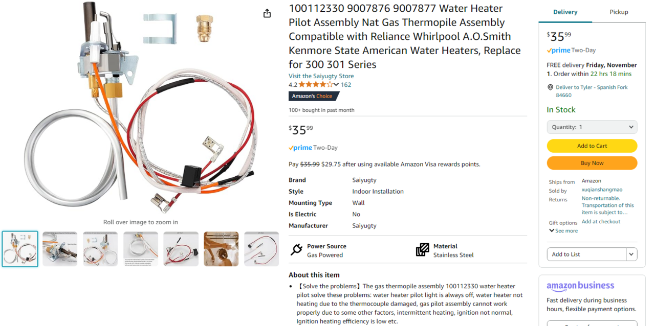 Water heater thermopile assembly ignitor sensor a.o.smith, kenmore, whirlpool, reliance, etc