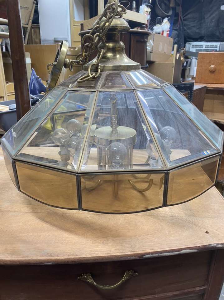 Beveled Glass and Brass Large Hanging Chandelier